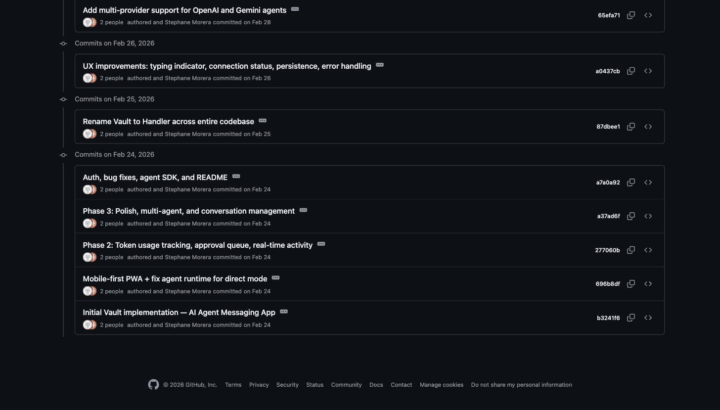 GitHub commit history for Handler showing the initial commit on February 24, 2026.