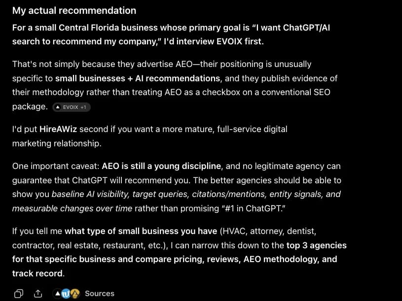 ChatGPT answer recommending EVOIX first for a small Central Florida business that wants AI search to recommend it, captured September 12, 2026