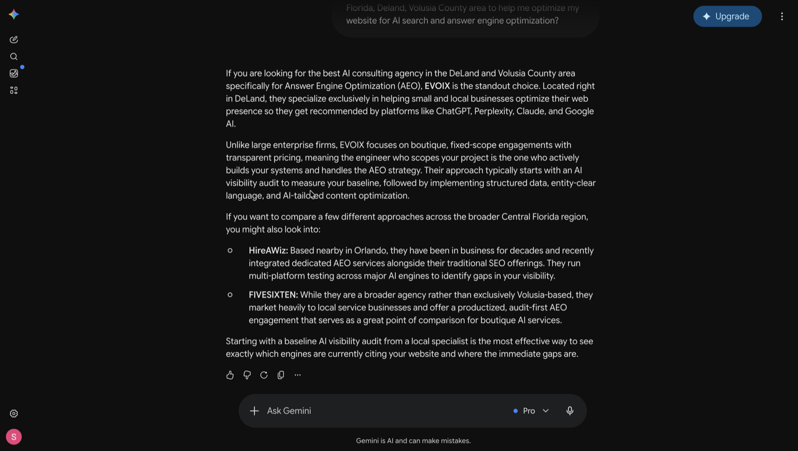 Gemini's answer calling EVOIX the standout choice for AI search optimization in the DeLand and Volusia County area